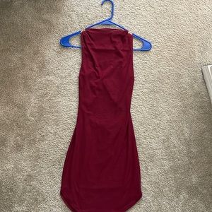 High neck Burgundy body con dress with criss cross back